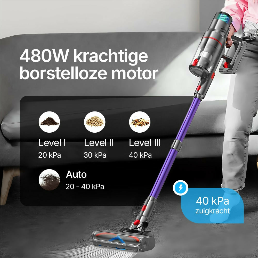 Krachtige steelstofzuiger met automatische stofherkenning / Tot 60 minuten gebruiksduur / Zakloze stofzuiger voor tapijt, harde vloeren en dierenharen